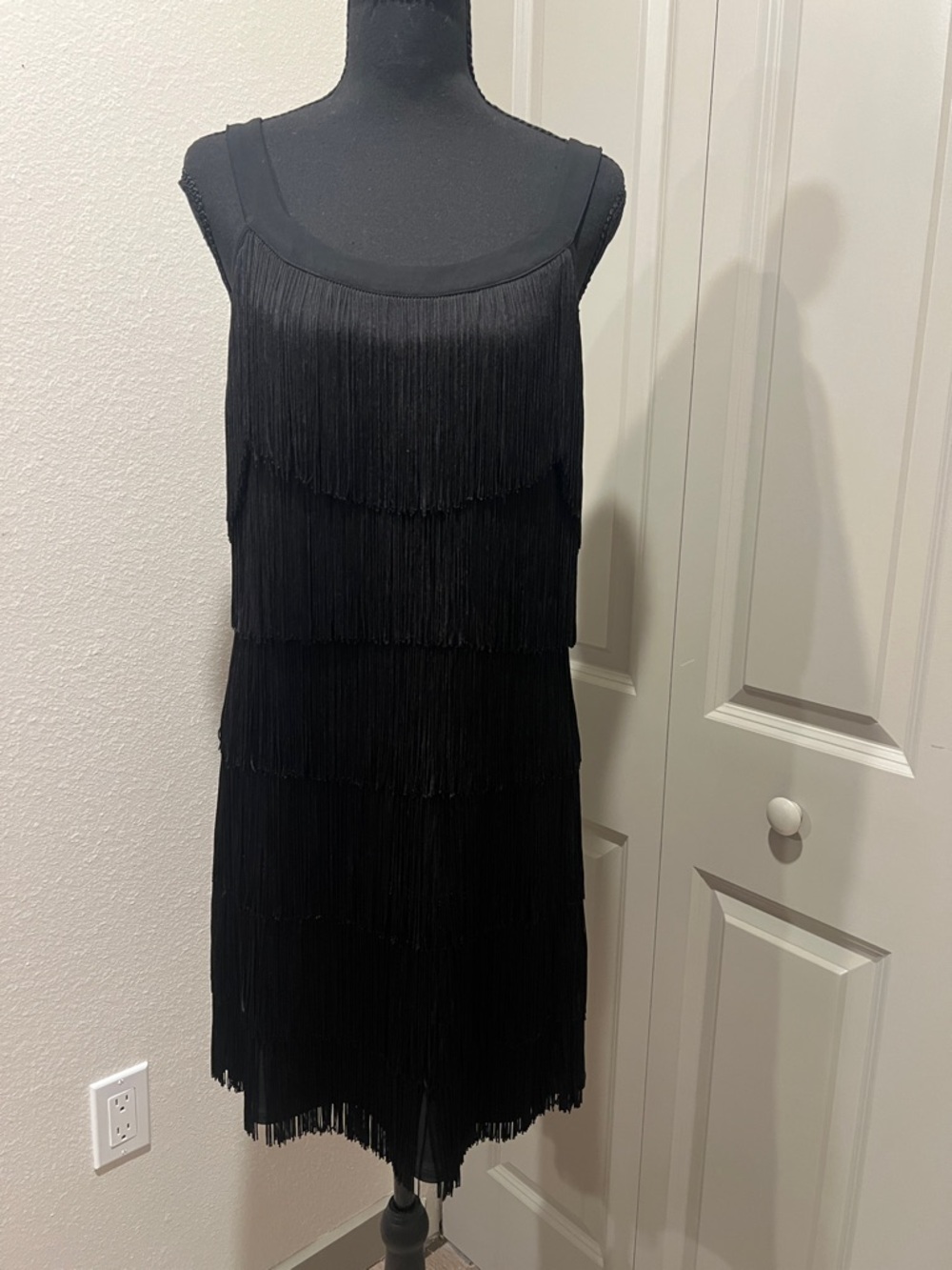 White House Black Market Black Fringe Scoop Neck Mini Dress